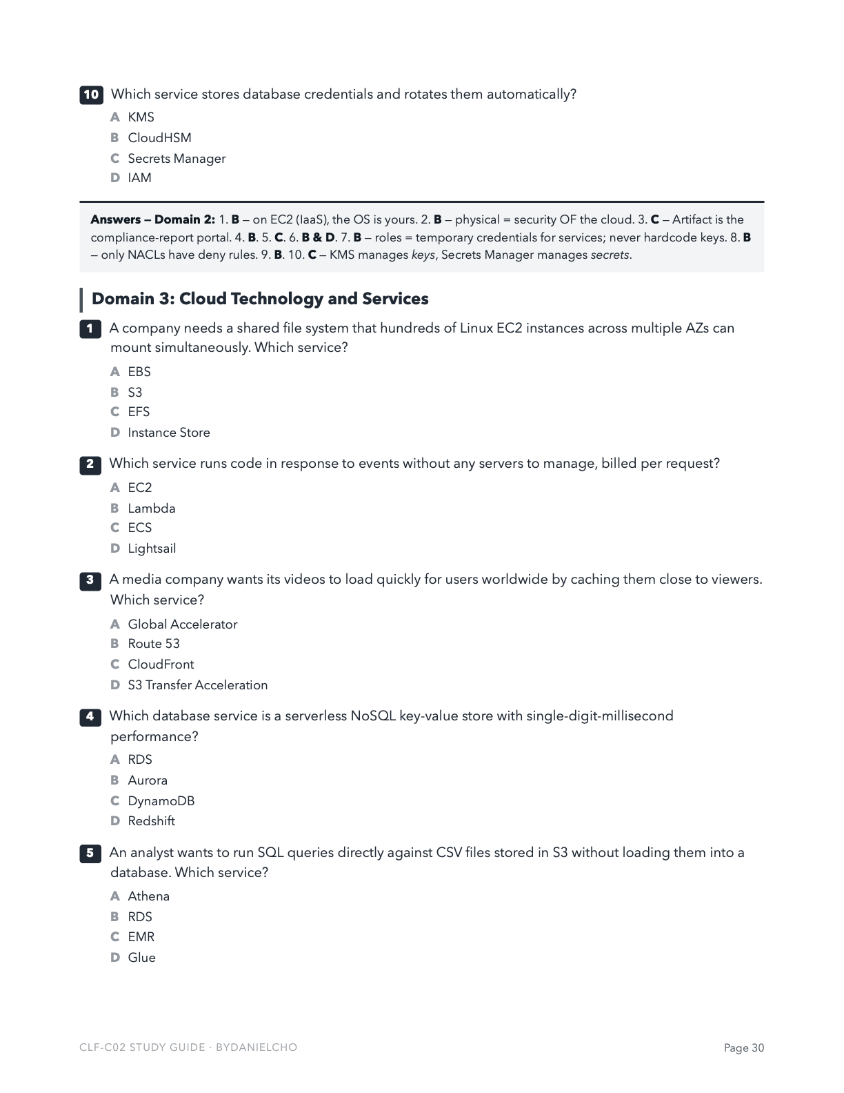 Interior page: practice questions with lettered options